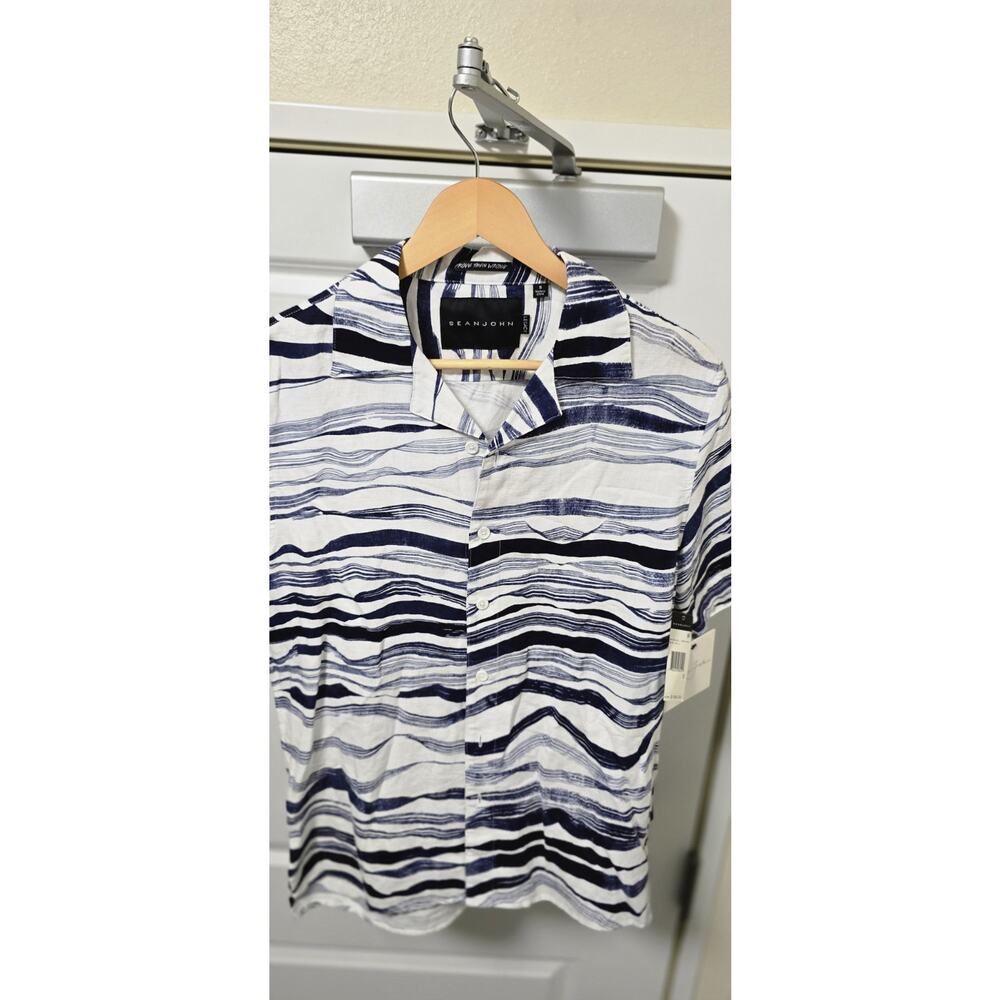 Y2K Sean Jean Short Sleeve Button Down Blue White Size Small, New w/ Tags